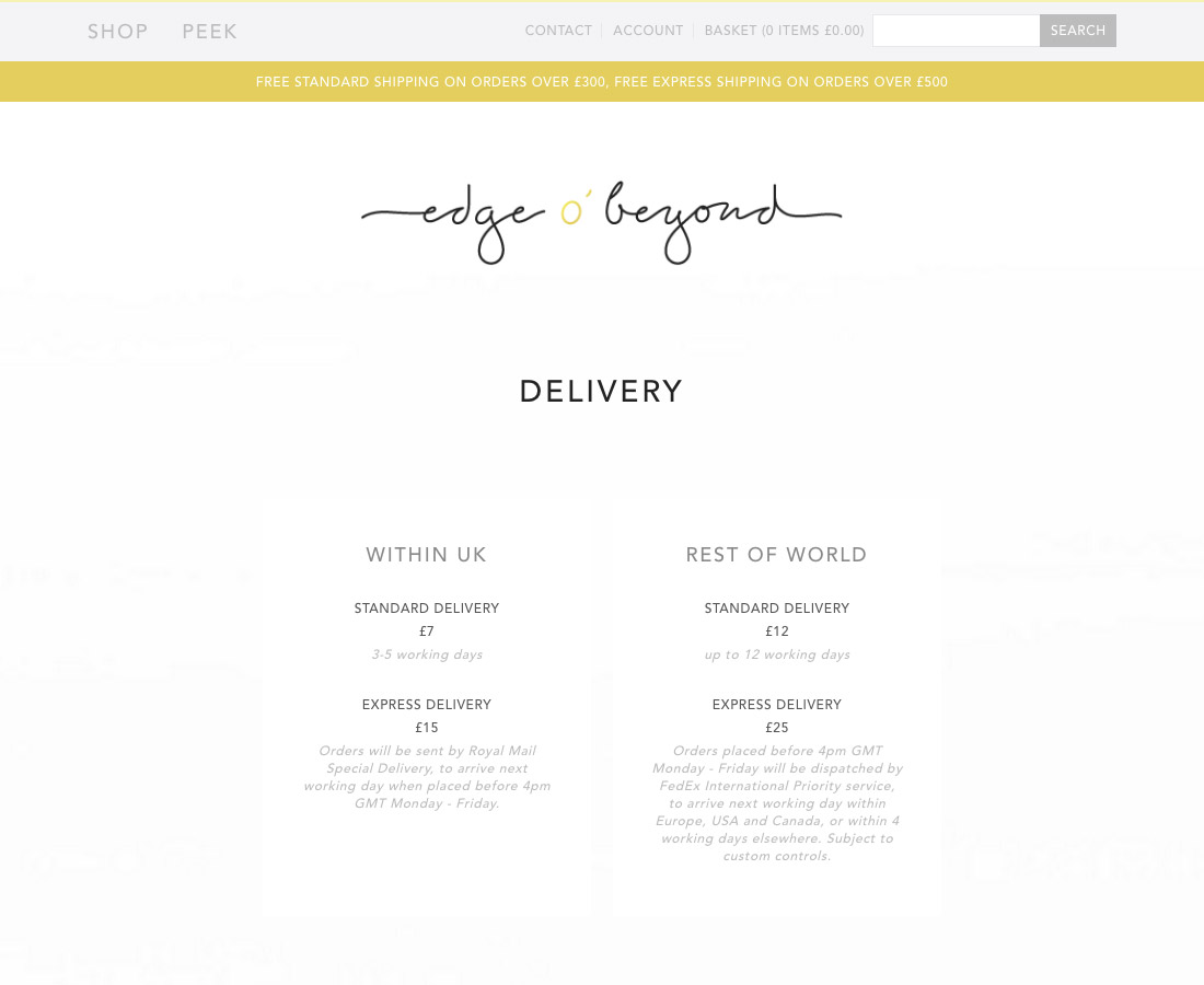Delivery & Returns page for Edge o' Beyond designed by Kit & Caboodle