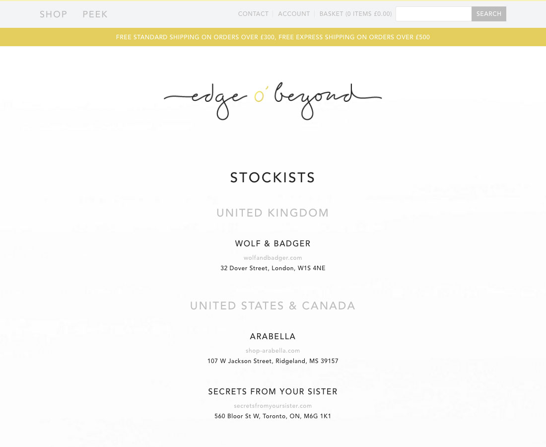 Stockists page for Edge o' Beyond designed by Kit & Caboodle